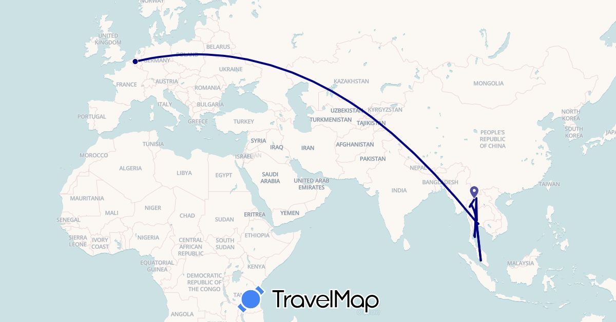 TravelMap itinerary: driving in Belgium, Laos, Malaysia, Thailand (Asia, Europe)